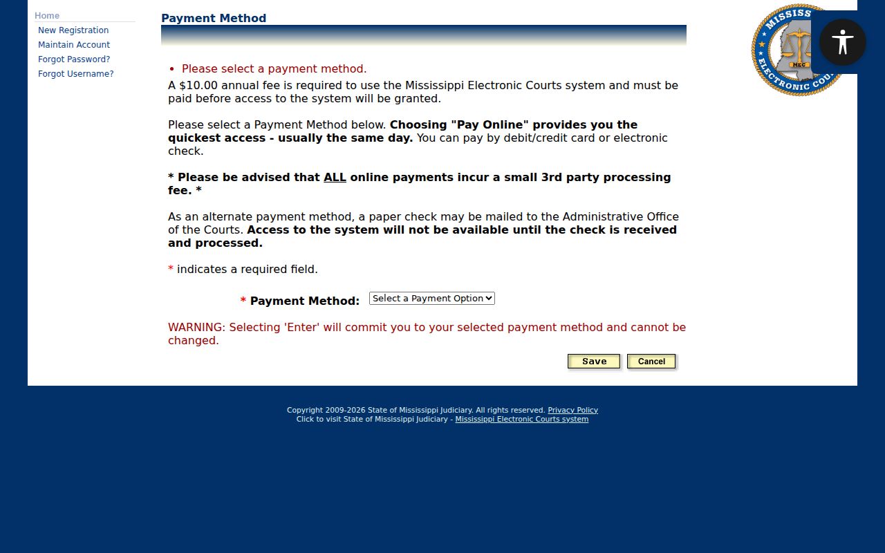 PAMEC registration payment page showing fees for Choctaw County warrant and court record access