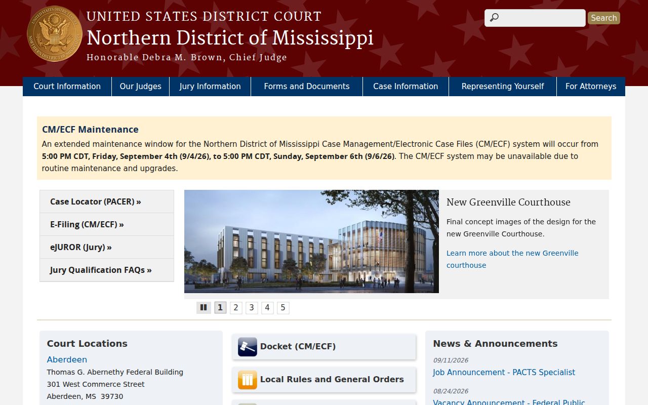 Northern District of Mississippi court site used for federal warrant routing from Choctaw County