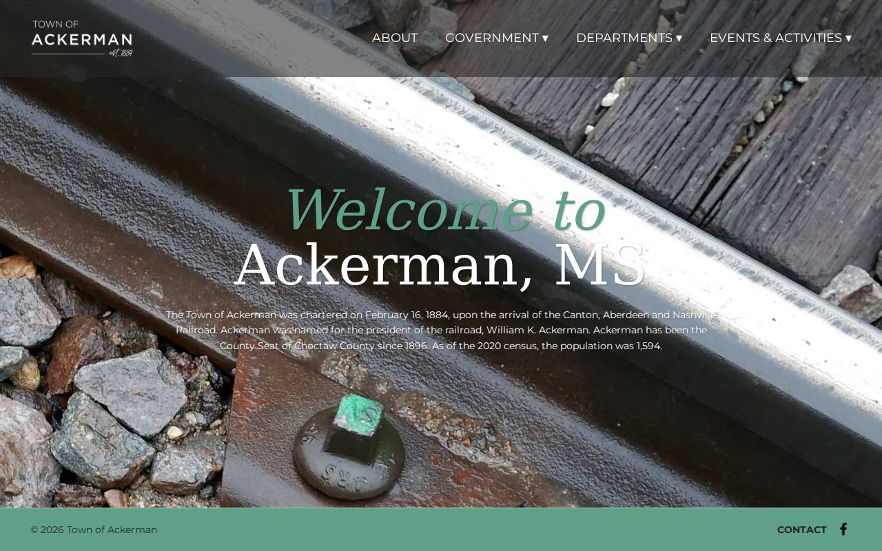 Town of Ackerman official home page used as a starting point for Ackerman warrant records