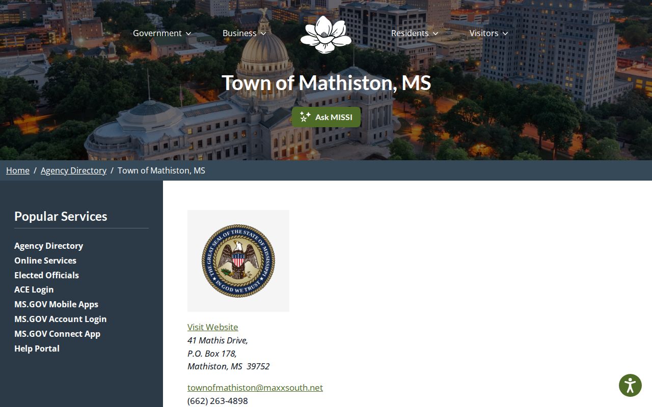 Mississippi.gov Mathiston town office listing used to route Mathiston warrant records questions