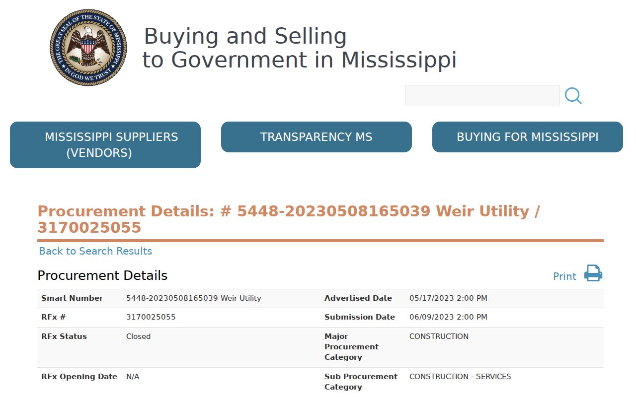 Mississippi procurement listing confirming the Weir town hall address used for warrant record contacts