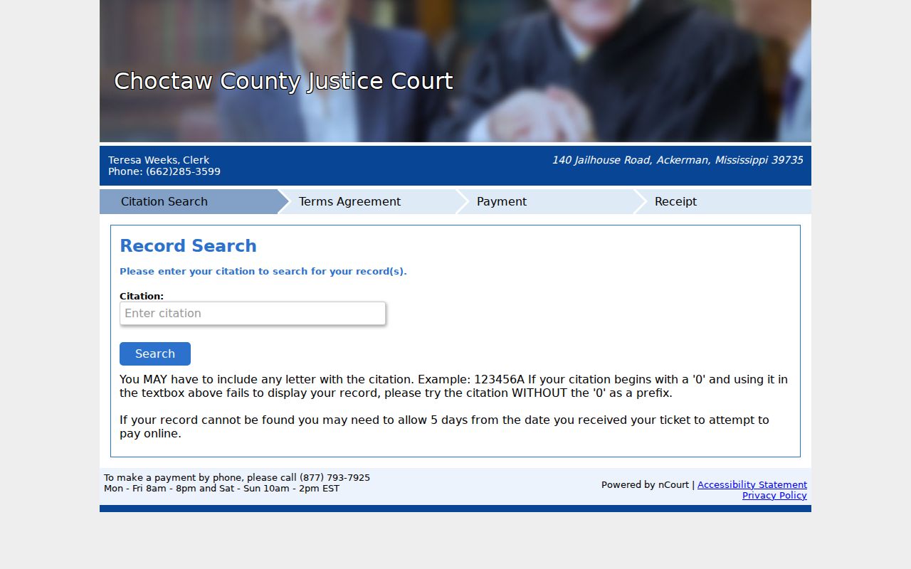 Choctaw County Justice Court citation portal used to check a traffic warrant record