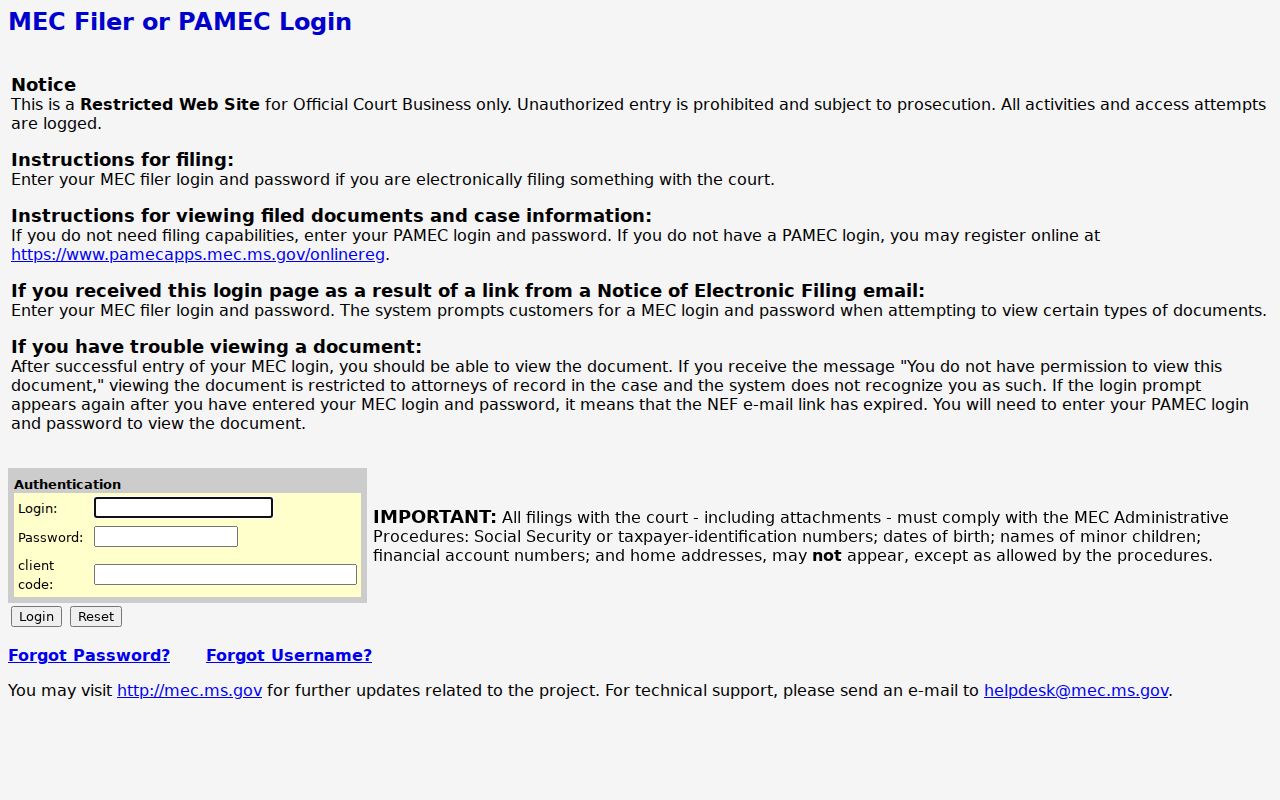 Fifth Circuit PAMEC login screen used for Choctaw County warrant record docket access